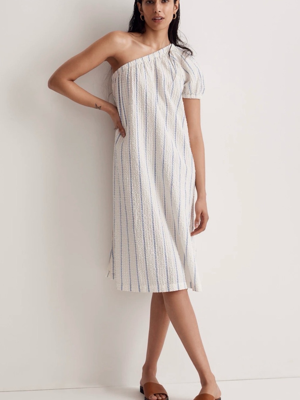 Madewell One-Shoulder White Dress with Light Blue Stripes